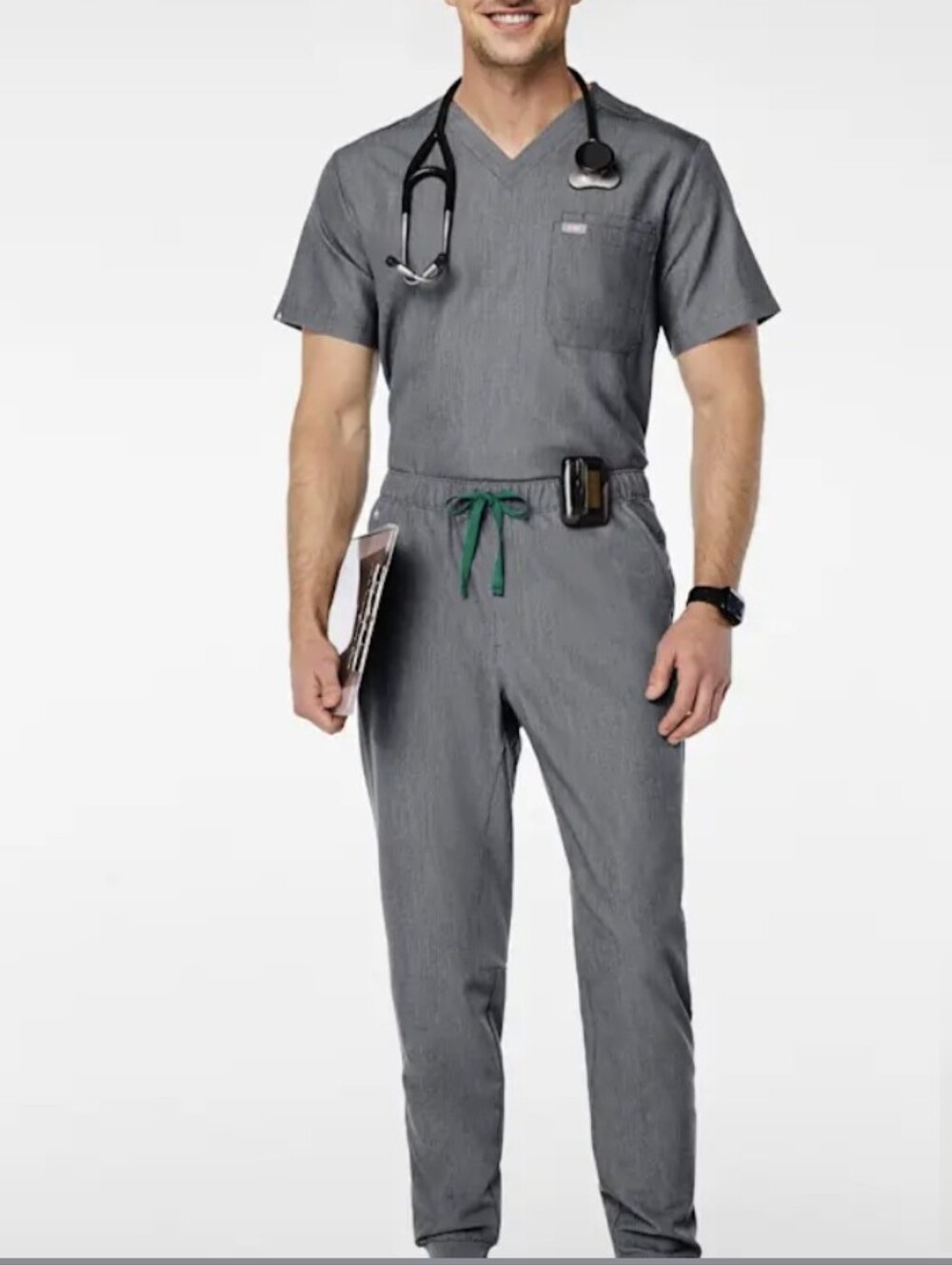 Figs Leon Scrub Top + Tansen Jogger Scrub Pants Grey 2-PC Set XL